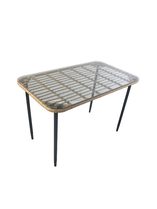Annius Outdoor Dinner Free Standing Table with Glass Surface and Metal Frame Natural 120x70x78cm