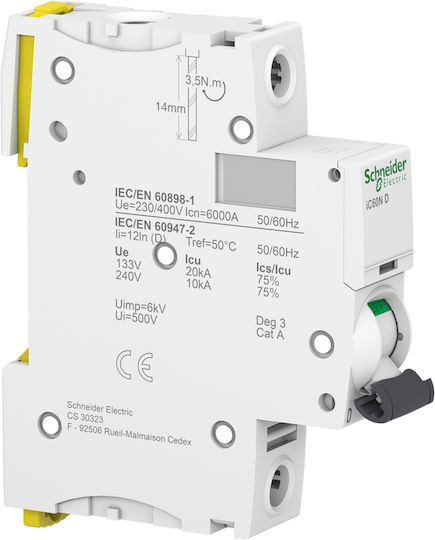 Schneider Electric Acti 9 iC60N 1-Pole Automatic Circuit Breaker 25A 6kA Καμπύλη D A9F75125