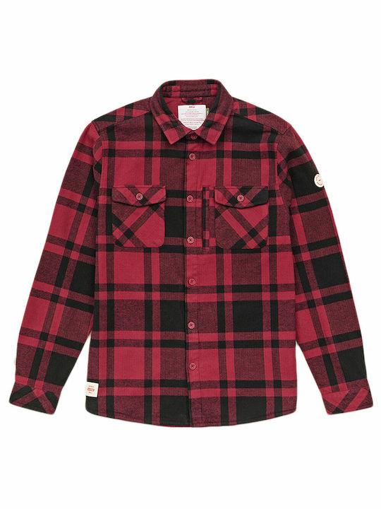 Globe Wanderer Men's Shirt Long Sleeve Cotton Checked Red