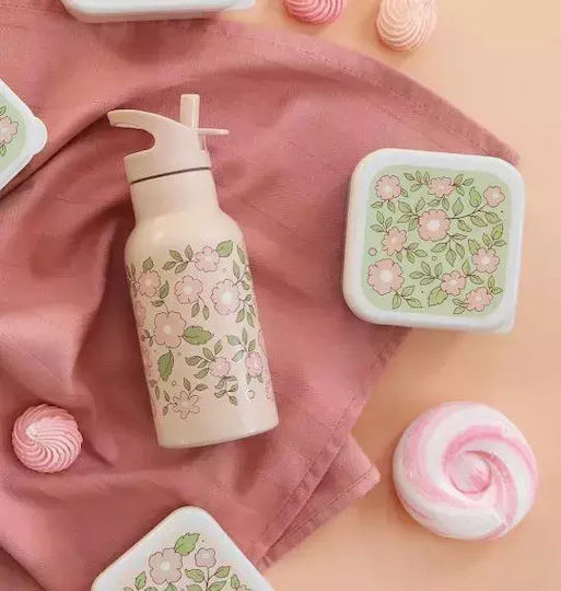 A Little Lovely Company Kids Water Bottle Thermos Butterfly Stainless Steel with Straw Non Spill Blossoms Pink 350ml