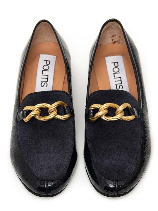 Blue leather patent leather moccasins with gold satin chain POLITIS