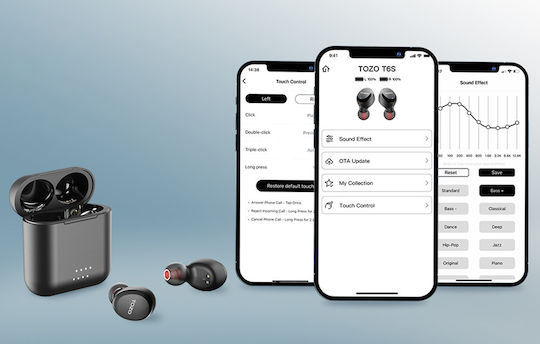 Tozo Tws T6s Earbud Bluetooth Handsfree Ακουστικά με Αντοχή στον Ιδρώτα και Θήκη Φόρτισης Μαύρα