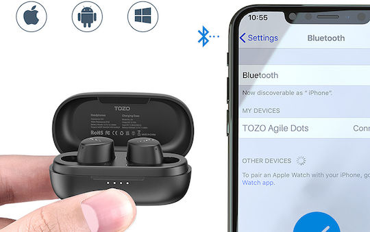 Tozo Tws Agile Dots Earbud Bluetooth Handsfree Ακουστικά με Αντοχή στον Ιδρώτα και Θήκη Φόρτισης Μαύρα