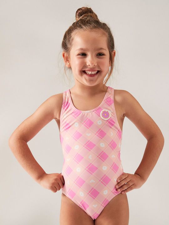 Roxy Flower Plaid Παιδικό Μαγιό Ολόσωμο Ροζ