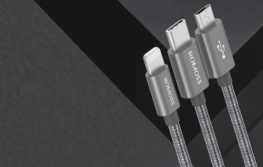 Romoss Mesuda Series Braided USB to Lightning / Type-C / micro USB Cable 3A Ασημί 1.5m (CB25n)