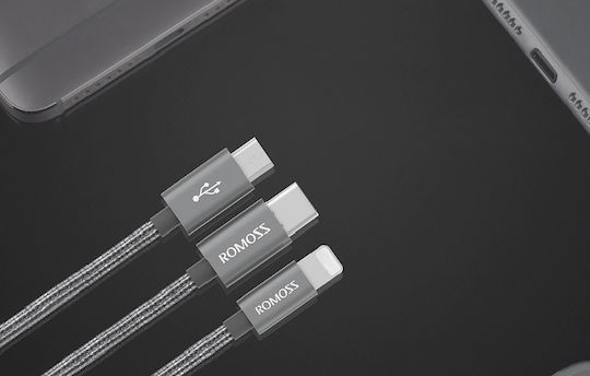 Romoss Mesuda Series Braided USB to Lightning / Type-C / micro USB Cable 3A Ασημί 1.5m (CB25n)