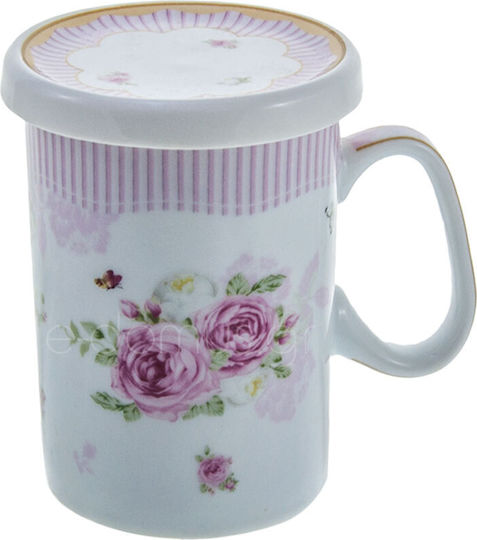 Καρβούνης Floral Flowers Κούπα από Πορσελάνη με Καπάκι Πολύχρωμη
