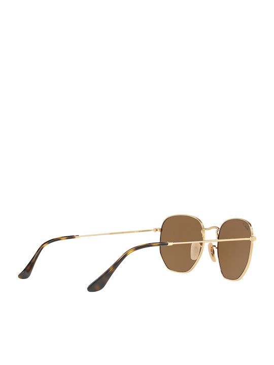 Ray Ban Hexagonal Unisex Sunglasses with Gold Metal Frame and Brown Polarized Lens RB3548N 001/57