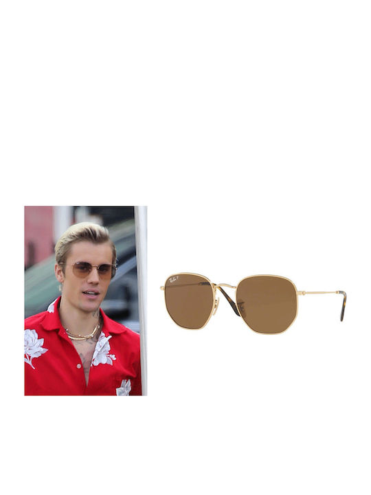 Ray Ban Hexagonal Unisex Sunglasses with Gold Metal Frame and Brown Polarized Lens RB3548N 001/57