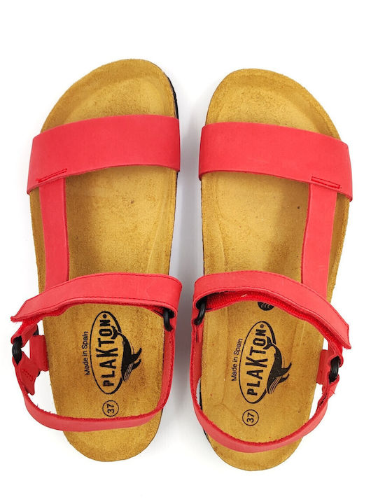 Leder Flache Sandalen für Damen Anatomisch mit Riemen in Rot Farbe