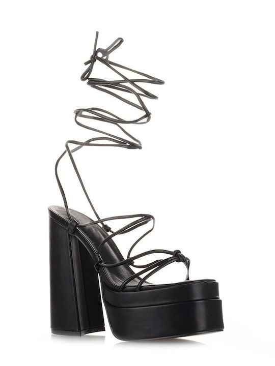 Famous Shoes Platform Women's Sandals with Laces Black with Chunky High Heel