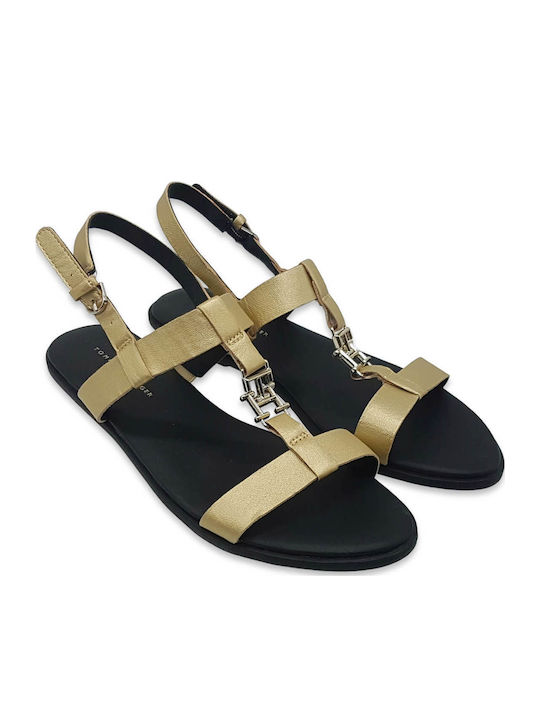 Leather Women's Flat Sandals in Gold Color