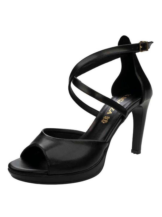 Ragazza Platform Leather Women's Sandals Black with Chunky High Heel
