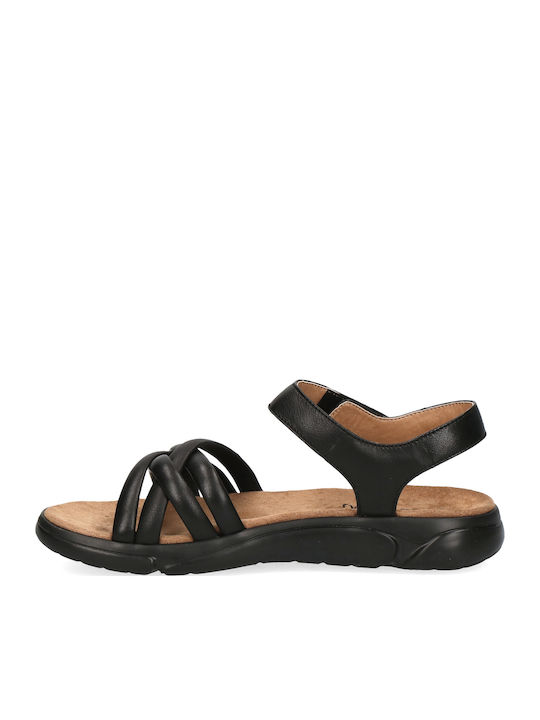 Leather Women's Flat Sandals with Strap in Black Color