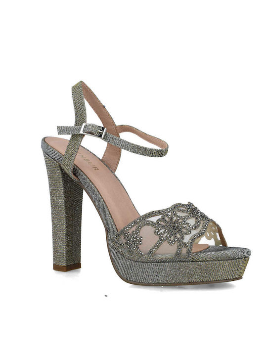 Menbur Platform Women's Sandals with Strass Gray with Chunky High Heel 23643-71