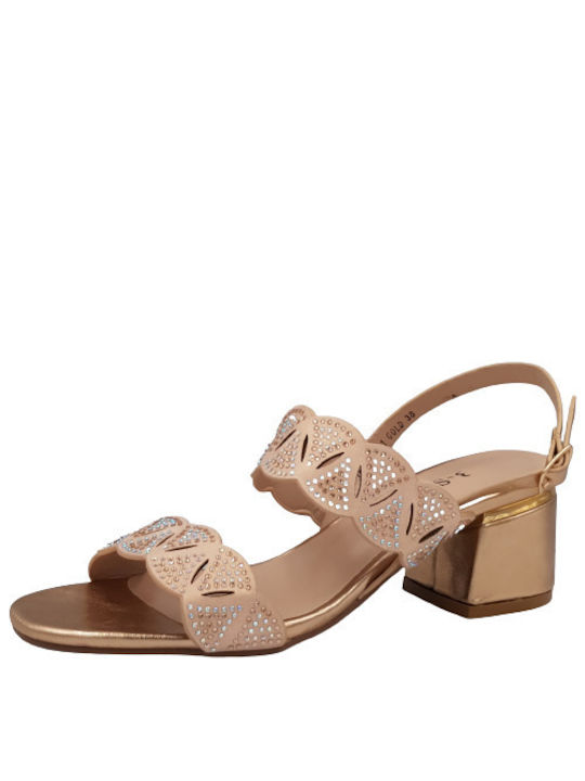 B-Soft Anatomic Synthetic Leather Women's Sandals with Strass Gold with Chunky Medium Heel