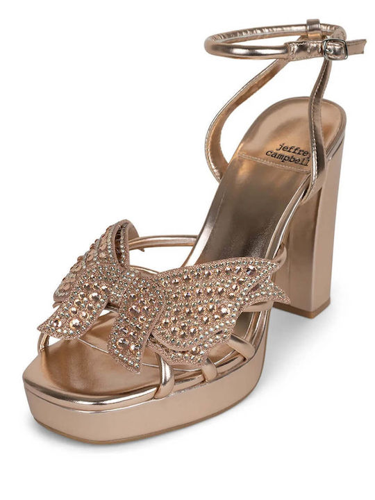 Jeffrey Campbell Platform Leather Women's Sandals with Strass Gold with Chunky High Heel