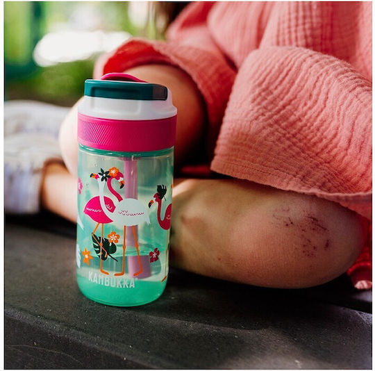 Kambukka Pink Flamingo Детска бутилка за вода Термос Пластмаса със сламка Non Spill Зелен 400мл