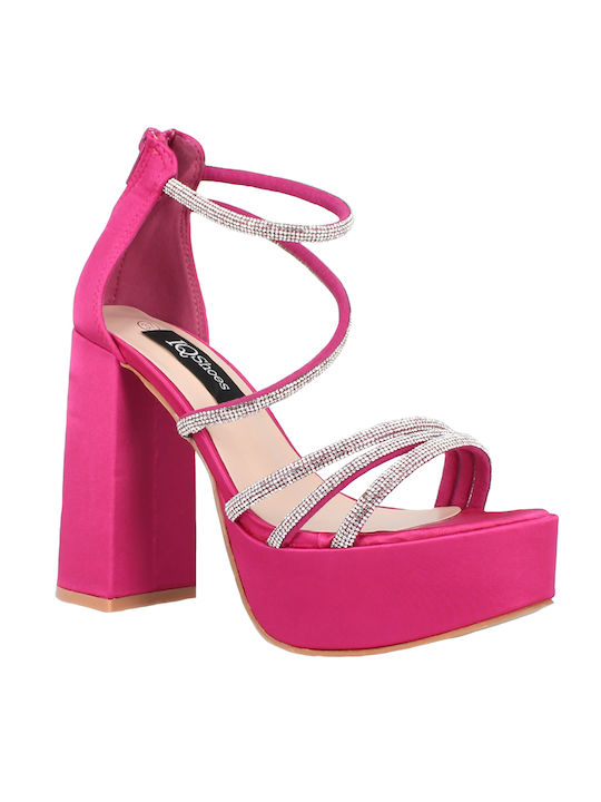 IQ Shoes Platform Fabric Women's Sandals with Strass & Ankle Strap Fuchsia with Chunky High Heel