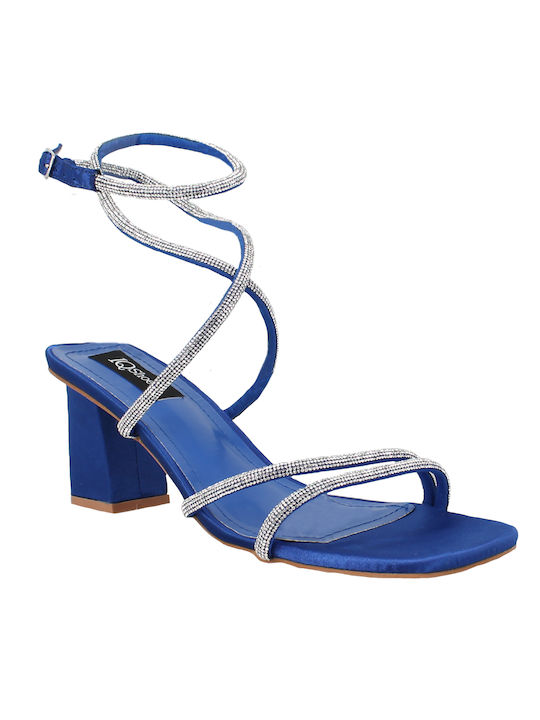 IQ Shoes Υφασμάτινα Γυναικεία Πέδιλα με Χοντρό Ψηλό Τακούνι σε Μπλε Χρώμα