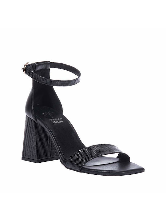 Mariella Fabiani Leather Women's Sandals with Ankle Strap Black with Chunky High Heel