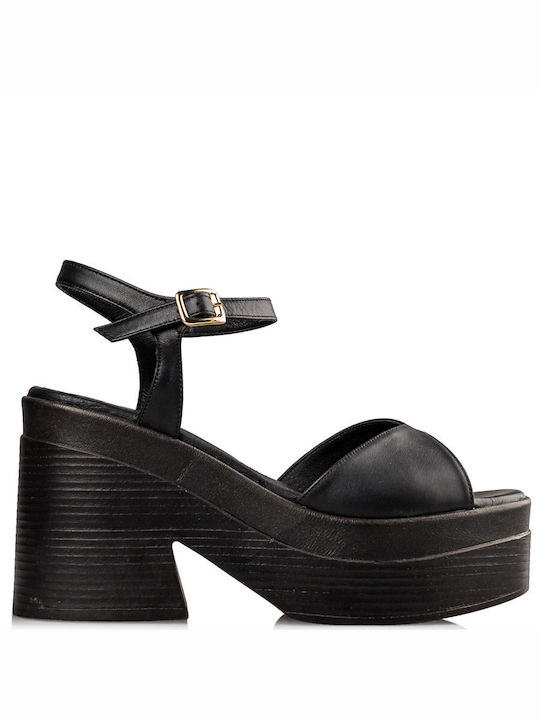 Envie Shoes Platform Leather Women's Sandals with Ankle Strap Black with Chunky Medium Heel E88-17102-34