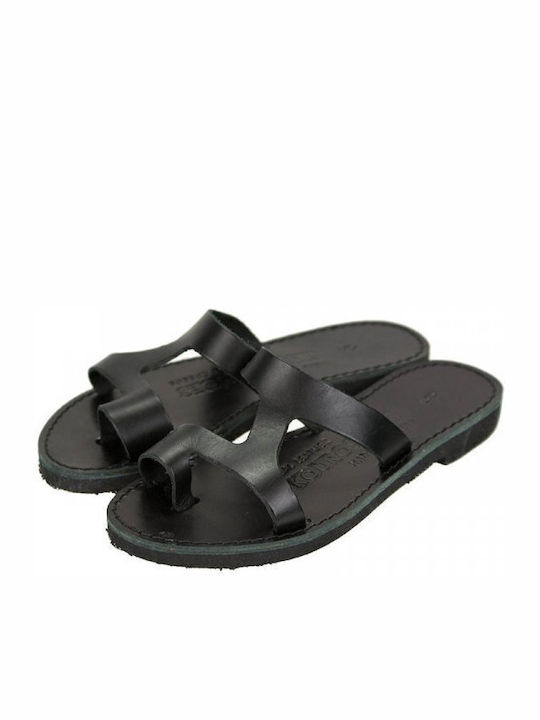 Leather Women's Flat Sandals in Black Color