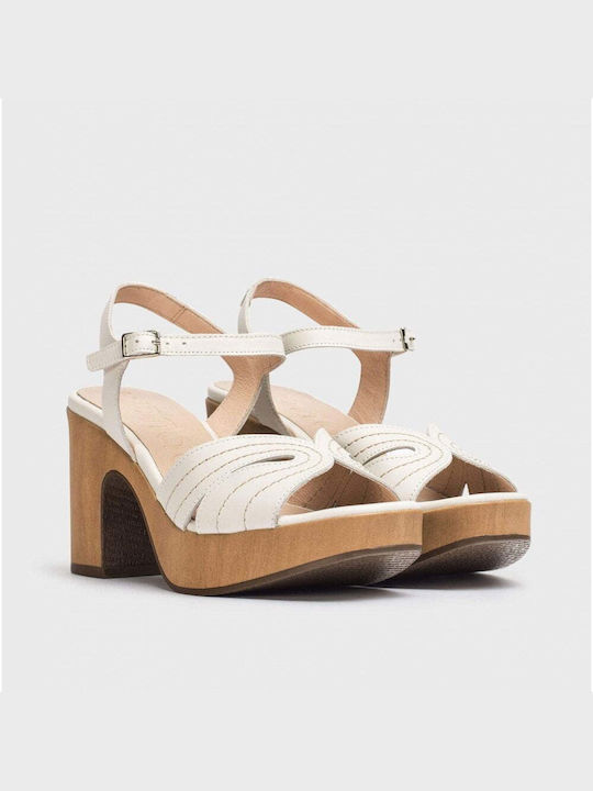 Wonders Leather Women's Sandals Off White with Chunky High Heel