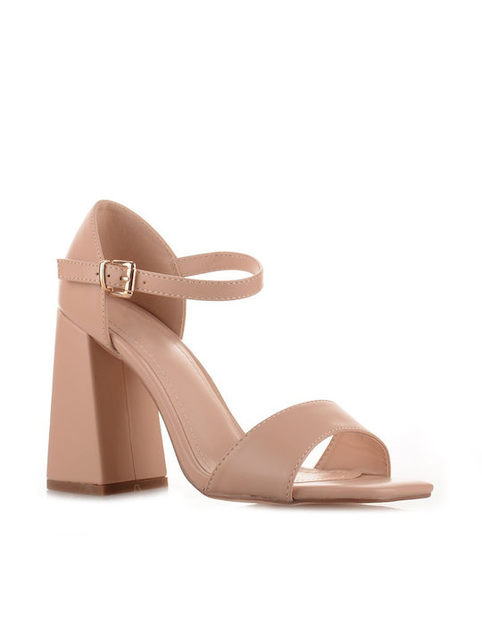 Famous Shoes Women's Sandals with Ankle Strap Nude with Chunky High Heel