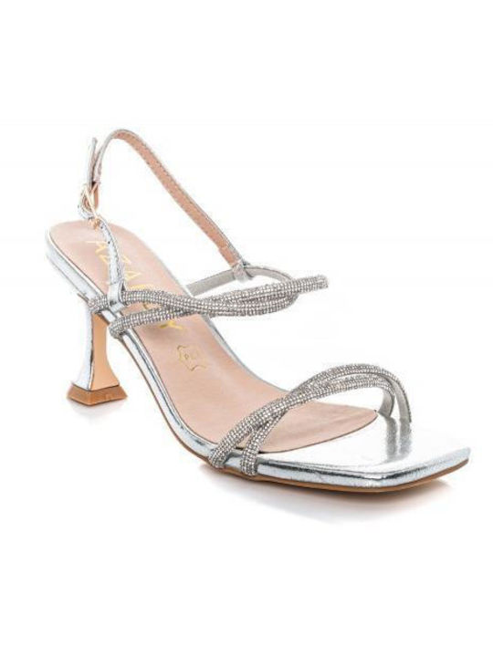 Azarey Leather Women's Sandals with Strass Silver with Chunky Medium Heel