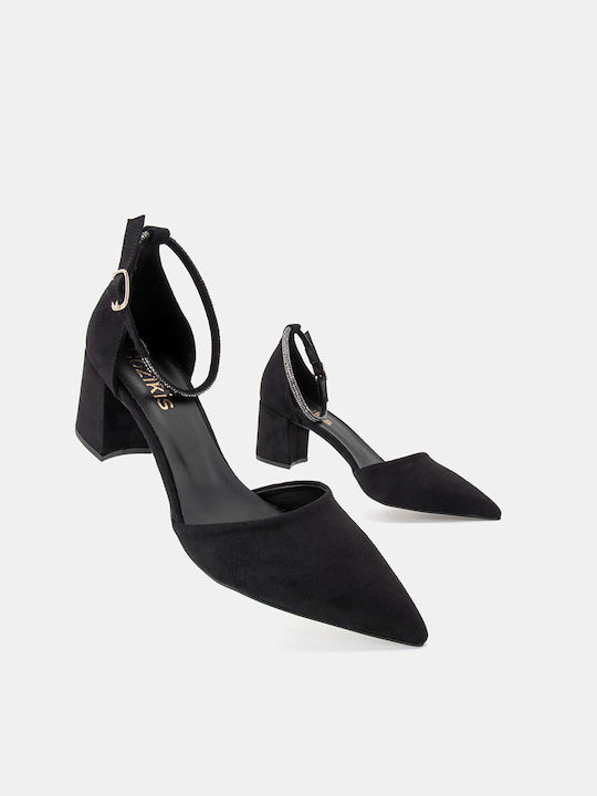 Suede Pointed Toe Black Medium Heels with Strap