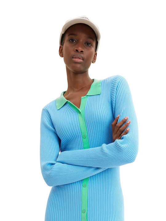 Midi Knitted Shirt Dress with Tearing Light Blue