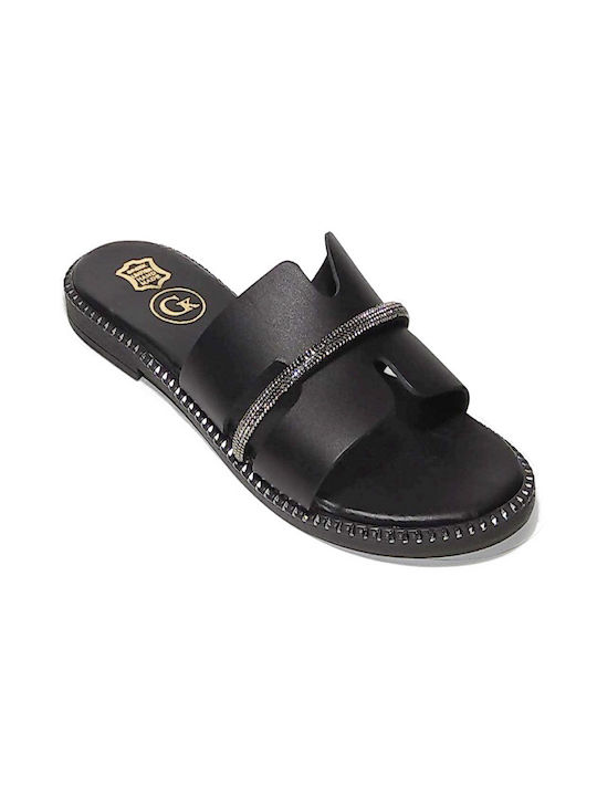 Gk Shoes Leather Women's Flat Sandals in Black Color