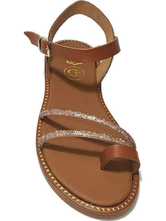 Leather Women's Flat Sandals with Strap in Tabac Brown Color