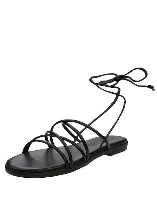 Baroque Leather Women's Flat Sandals in Black Color