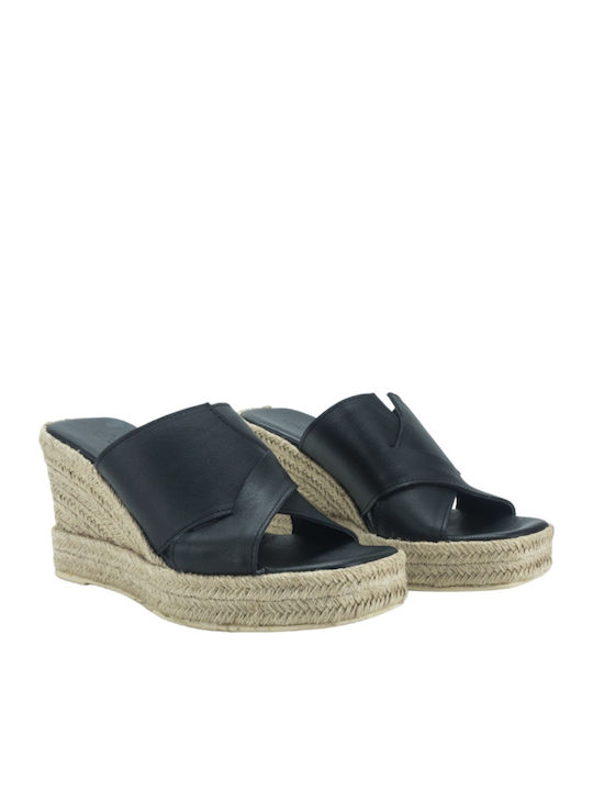 Women's Leather Platform Wedge Sandals Black