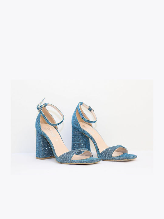 Fardoulis Stoff Damen Sandalen mit Chunky hohem Absatz Turquoise Glitter