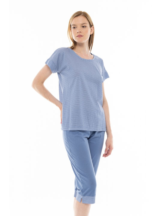 Pink Label Sommer Damen Pyjama-Set Baumwolle Hellblau