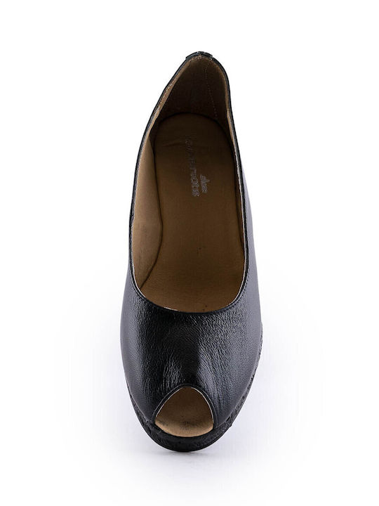 Women's Leather Peep Toe Platforms Black