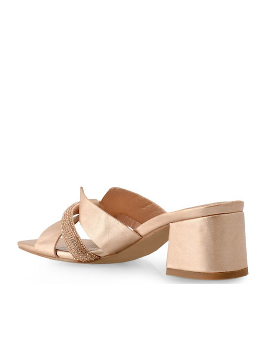 Leather Women's Mules with Chunky Low Heel in Rose Gold Color