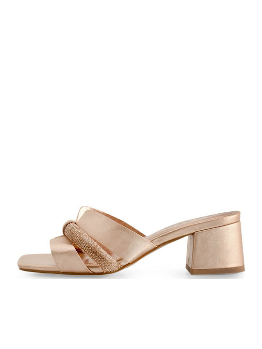 Leather Women's Mules with Chunky Low Heel in Rose Gold Color