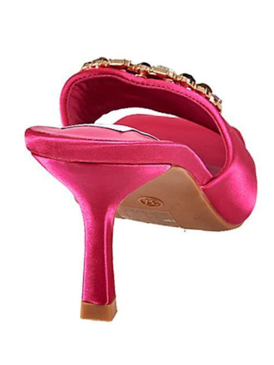 Satin Mules with Thin High Heel in Fuchsia Color