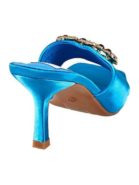 Satin Mules with Thin High Heel in Light Blue Color