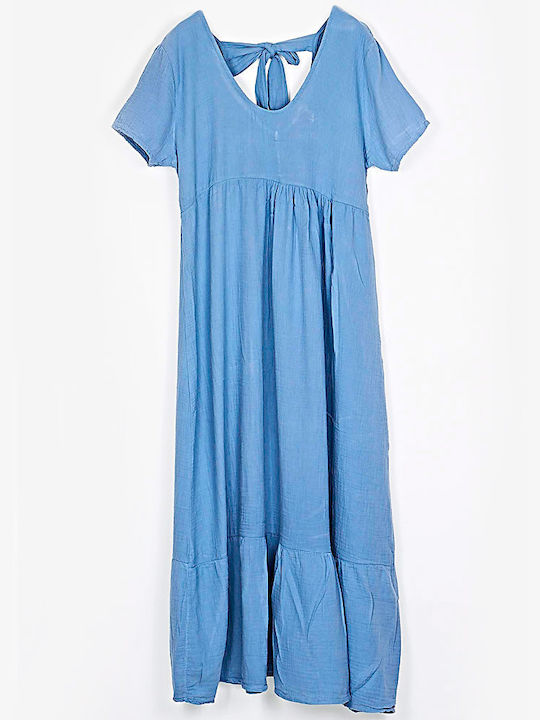 Maxi Dress in Embossed Cotton Gauze Blue