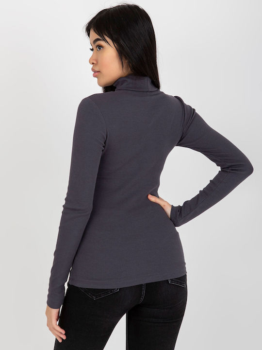 Rue Paris Damen Bluse Baumwolle Langärmelig Rollkragenpullover Graphite