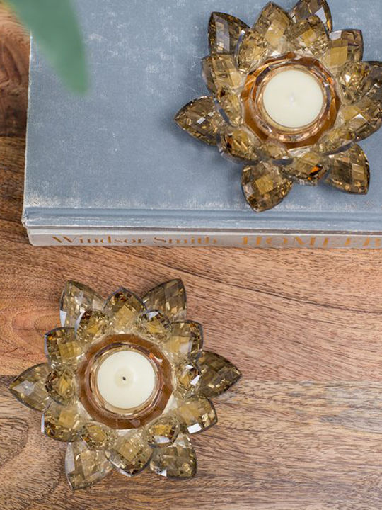 Artekko Lotus Set of Candle Holders Crystal suitable for Tealights in Gold Color 15x15x5.5cm 2pcs