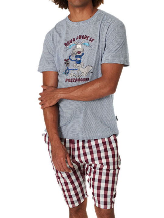 Happy People Men's Pyjamas with Short Sleeves and Checkered Shorts - POZZANGHERE (5656HP-2162) Sky Blue