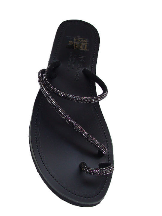 Leather Handmade Flat Sandal with Glitter black color