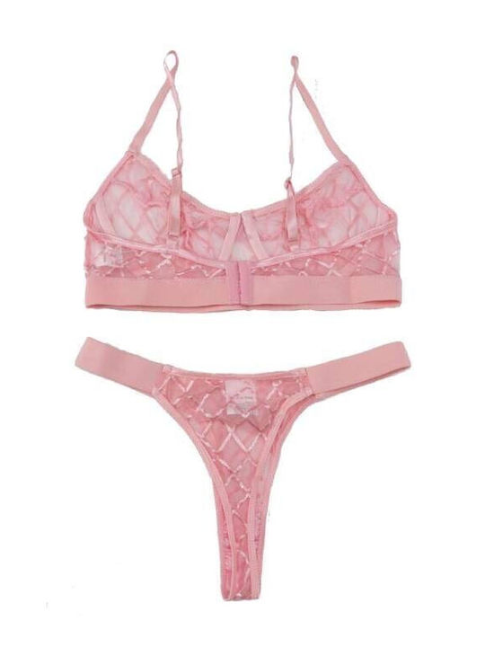 Women's See Through Lingerie Set with garters in Pink color