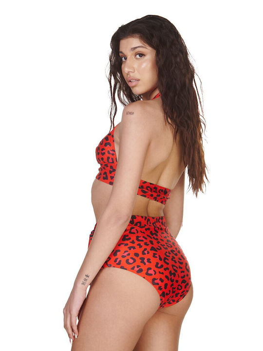 Comfort Bikini Set Triangle Top & High Waisted Bottom Red Animal Print